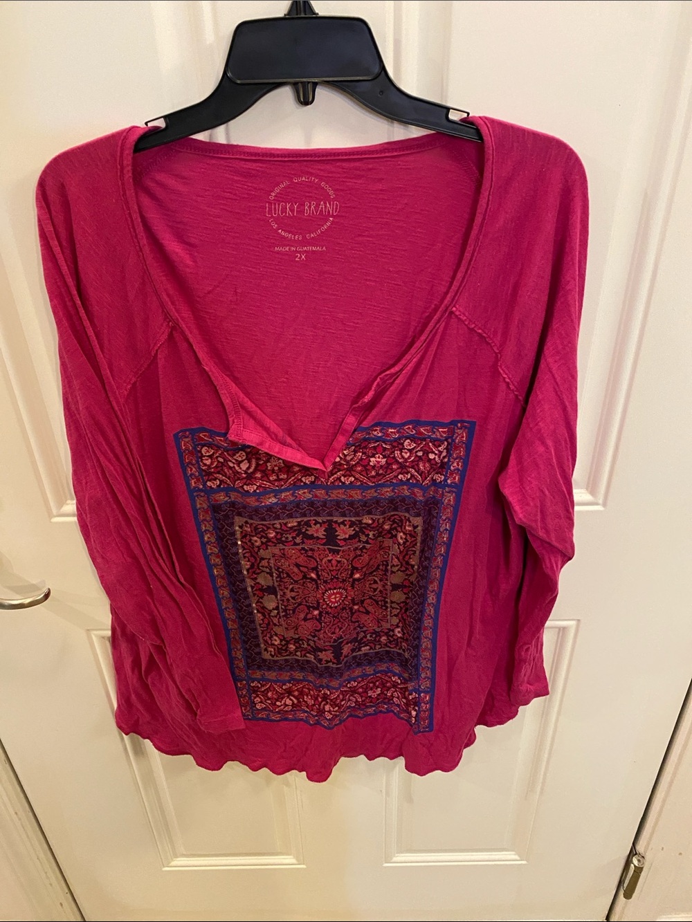 Lucky Brand Magenta V-Neck Tunic with Boho Print